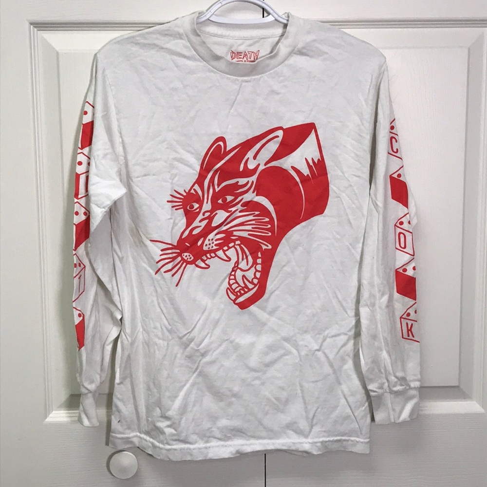 White long tee, red ink printed on by Death Cloak